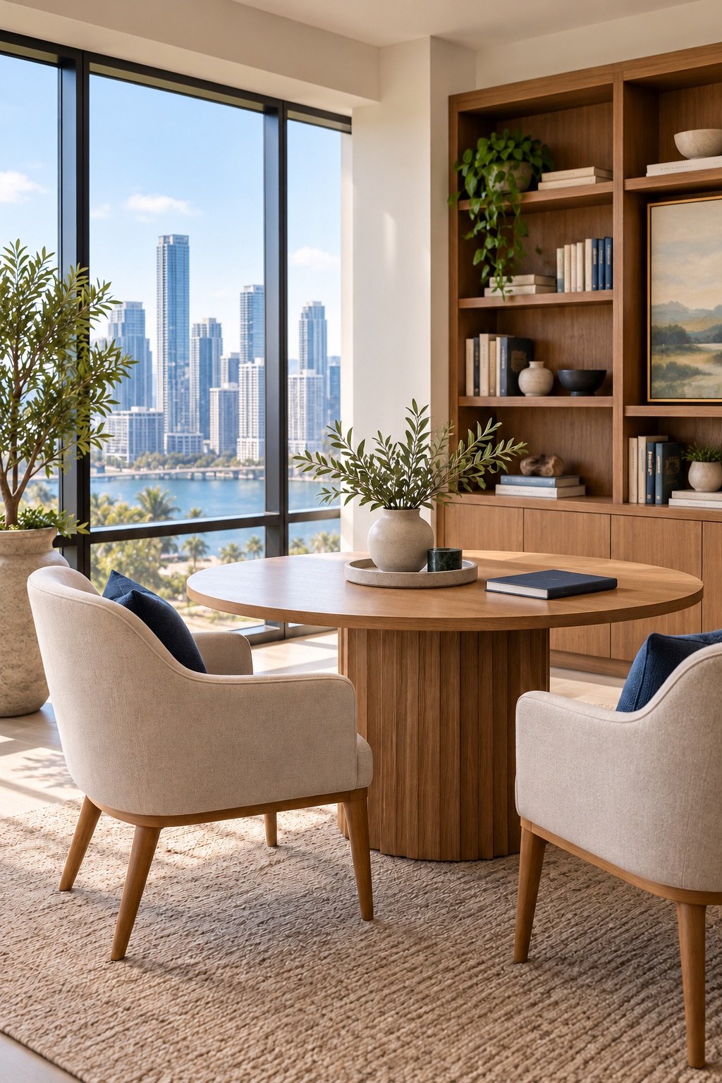 A welcoming client meeting room in Downtown Miami with a view of the skyline